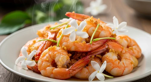 Whiteleg Shrimp Stir-fried with Tonkin Jasmine Flowers and Charred Garlic for a Cool Lunch