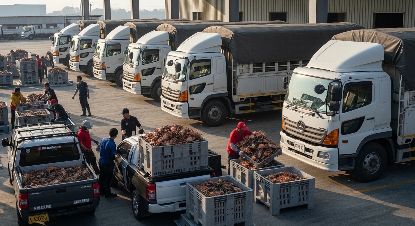 Những chiếc xe tải chở đầy cua tại vựa