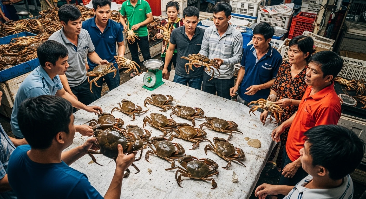 Thương lái đang xem xét những chú cua lớn tại vựa