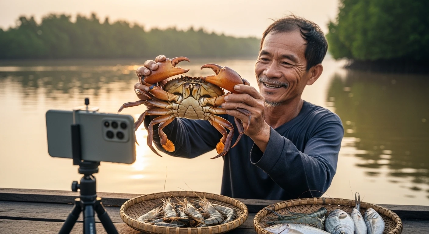 Fisherman showcasing fresh catch during a TikTok livestream