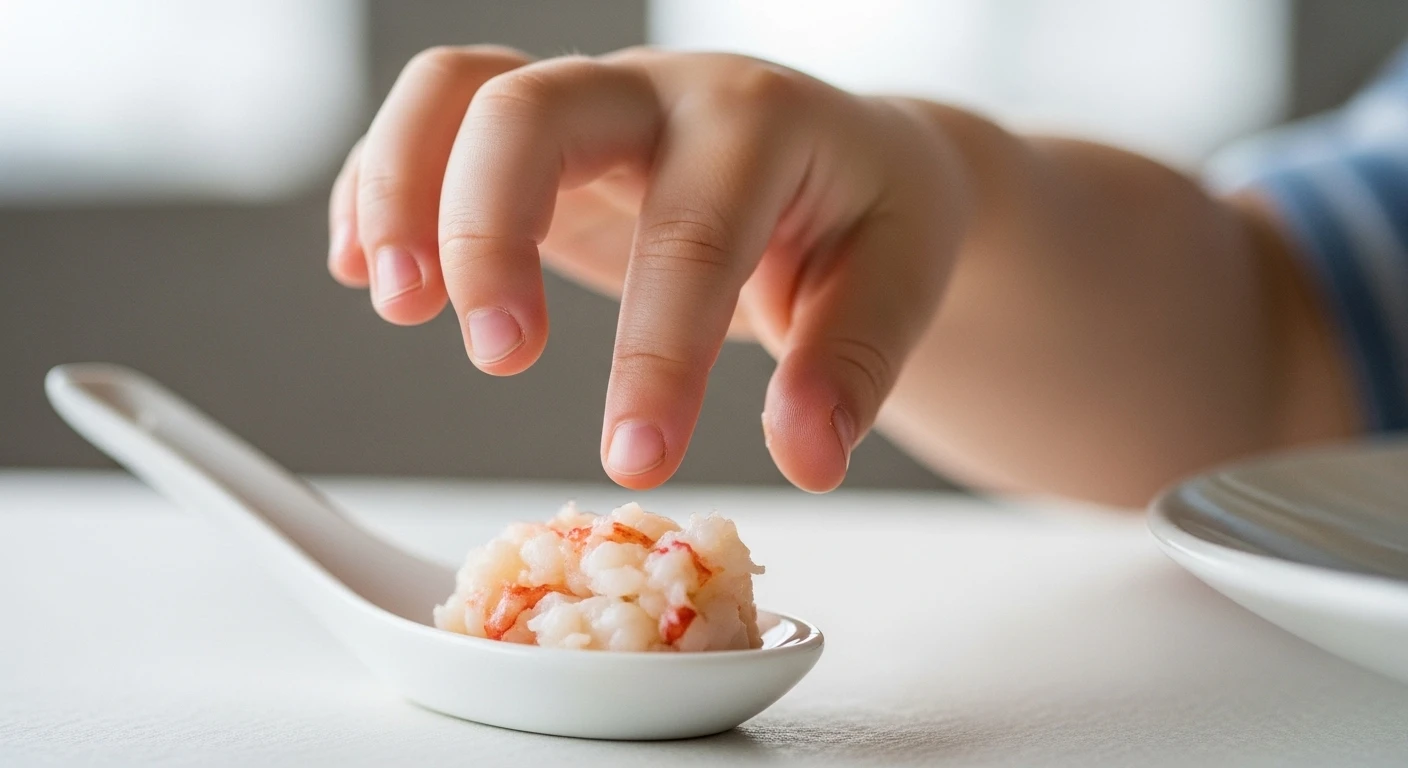 A small child's hand reaching for a piece of lobster meat