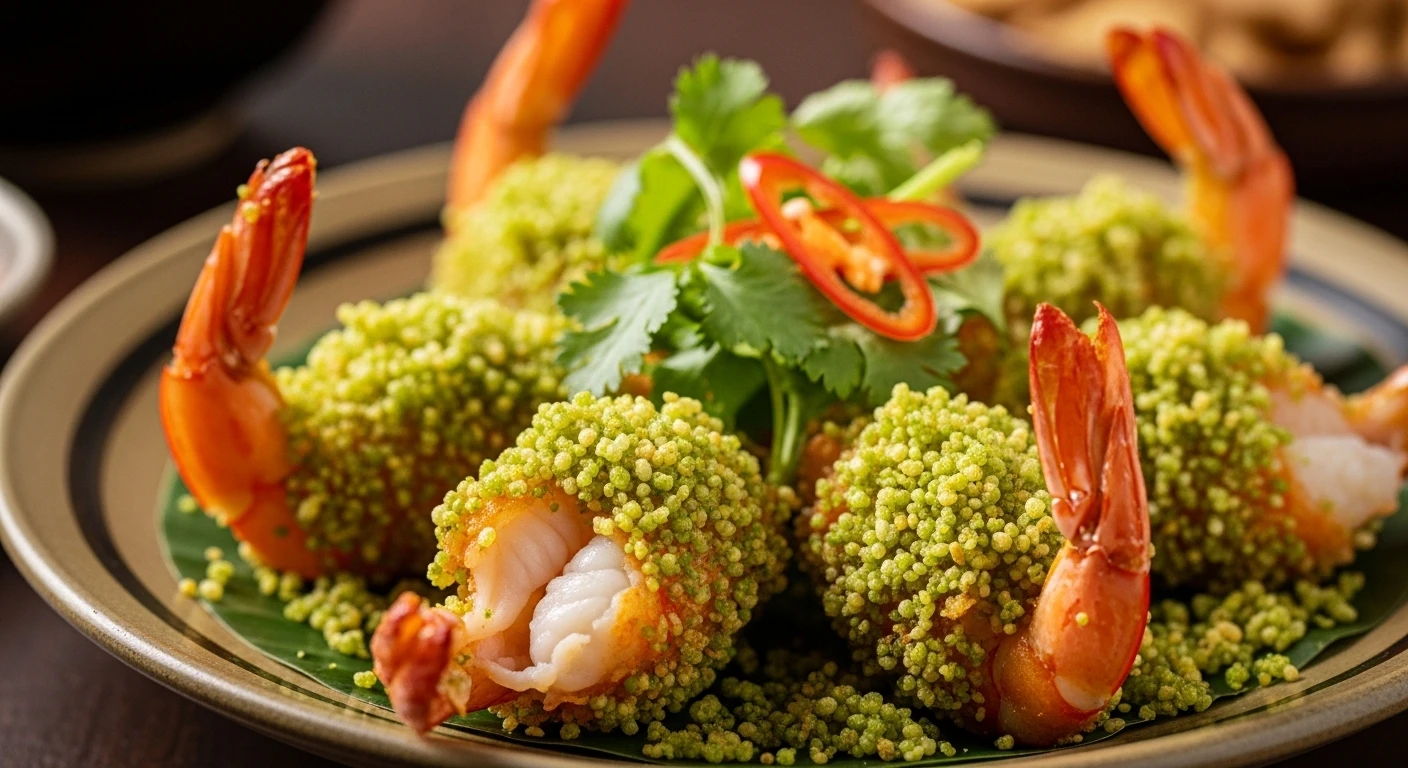 Tôm chiên cốm dẹp xanh mướt, giòn rụm
