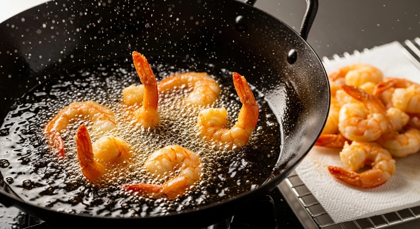 Tôm đang chiên vàng giòn trong chảo dầu