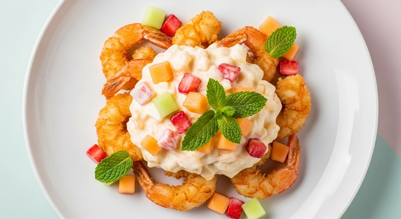 Tôm chiên xù được rưới sốt mayo trái cây và trang trí đẹp mắt