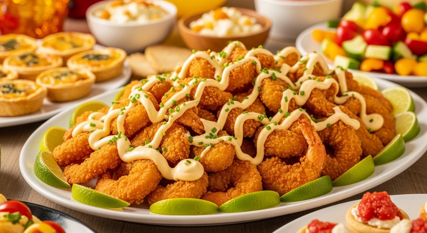 Đĩa tôm chiên xù sốt mayo trái cây đầy mời gọi trên bàn tiệc