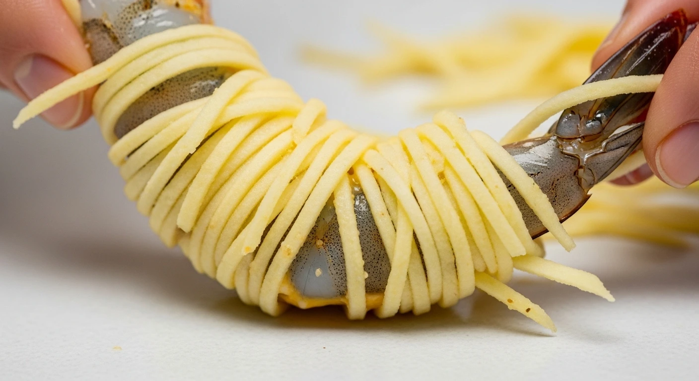 Tôm được cuộn chặt với khoai tây sợi