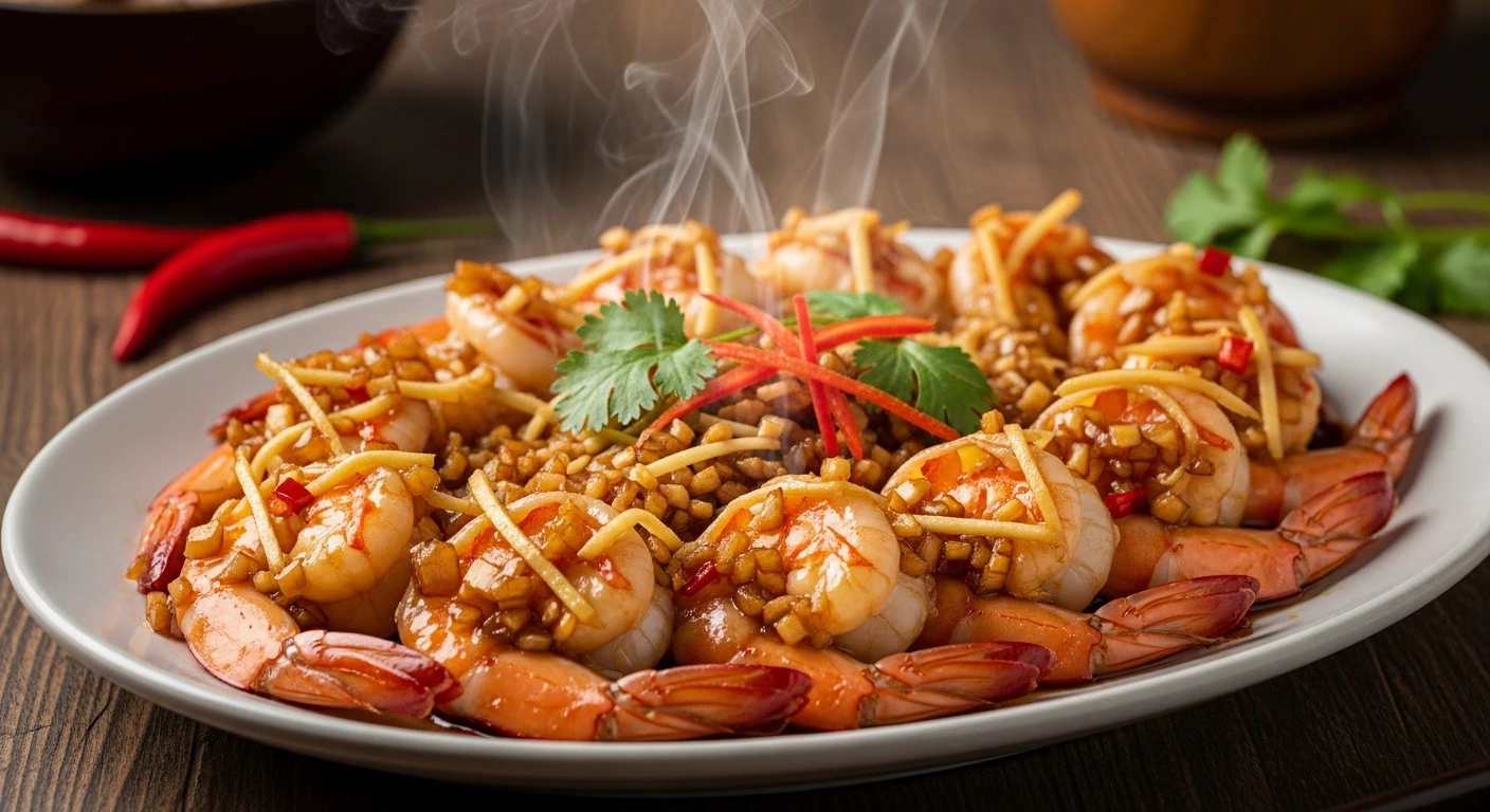 Đĩa tôm hấp xì dầu hành baro nóng hổi, thơm lừng