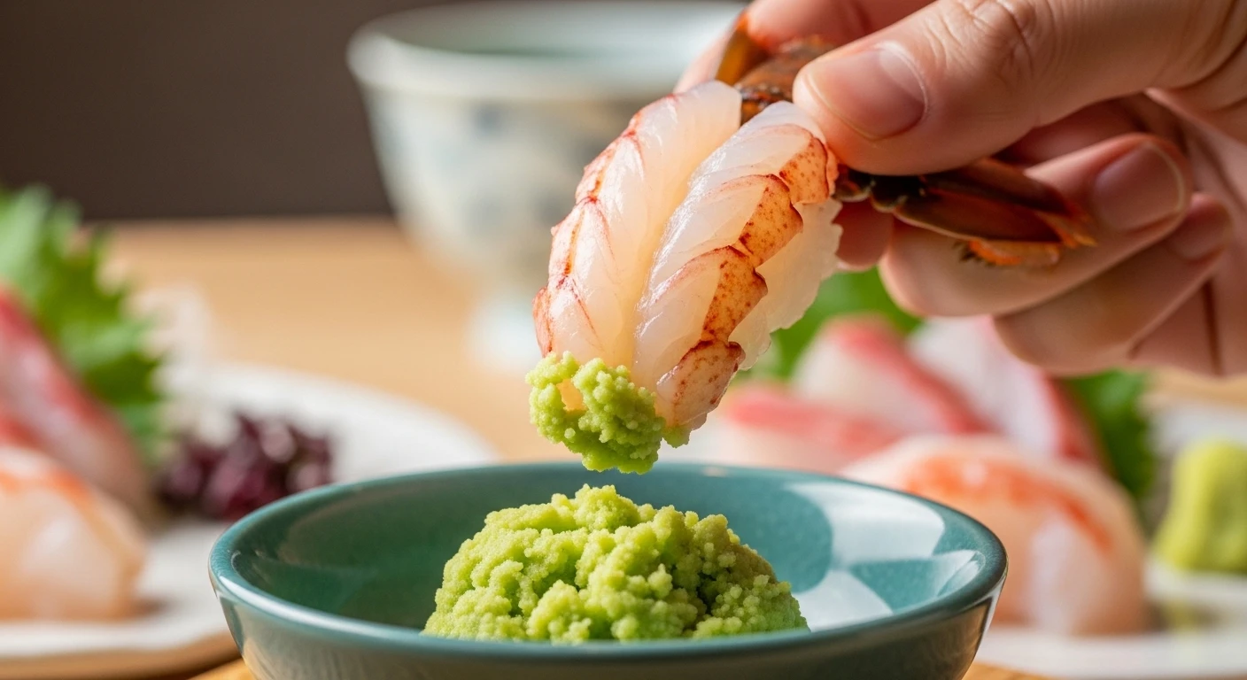 Tôm hùm sashimi được chấm mù tạt và nước tương