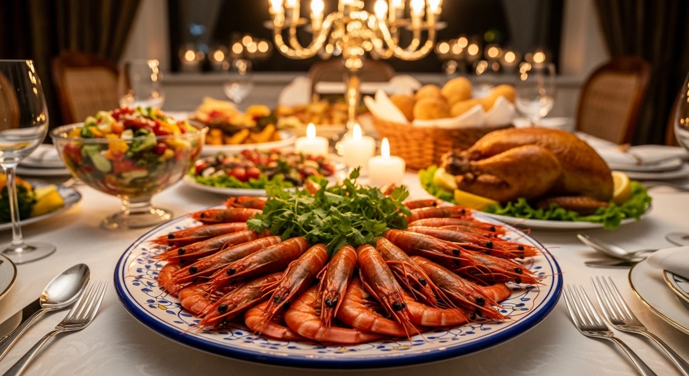 Đĩa tôm luộc nước dừa đỏ au hấp dẫn trên bàn tiệc