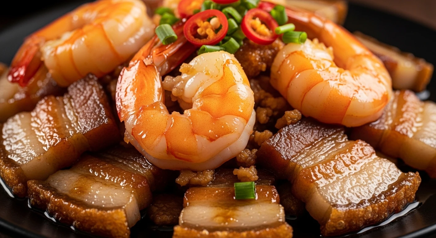 Tôm Rang Thịt Ba Chỉ Cháy Cạnh hấp dẫn