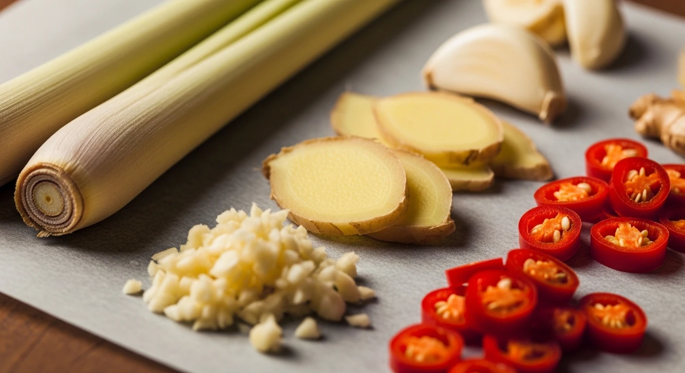 Sả, gừng, ớt chuẩn bị hấp cùng tôm