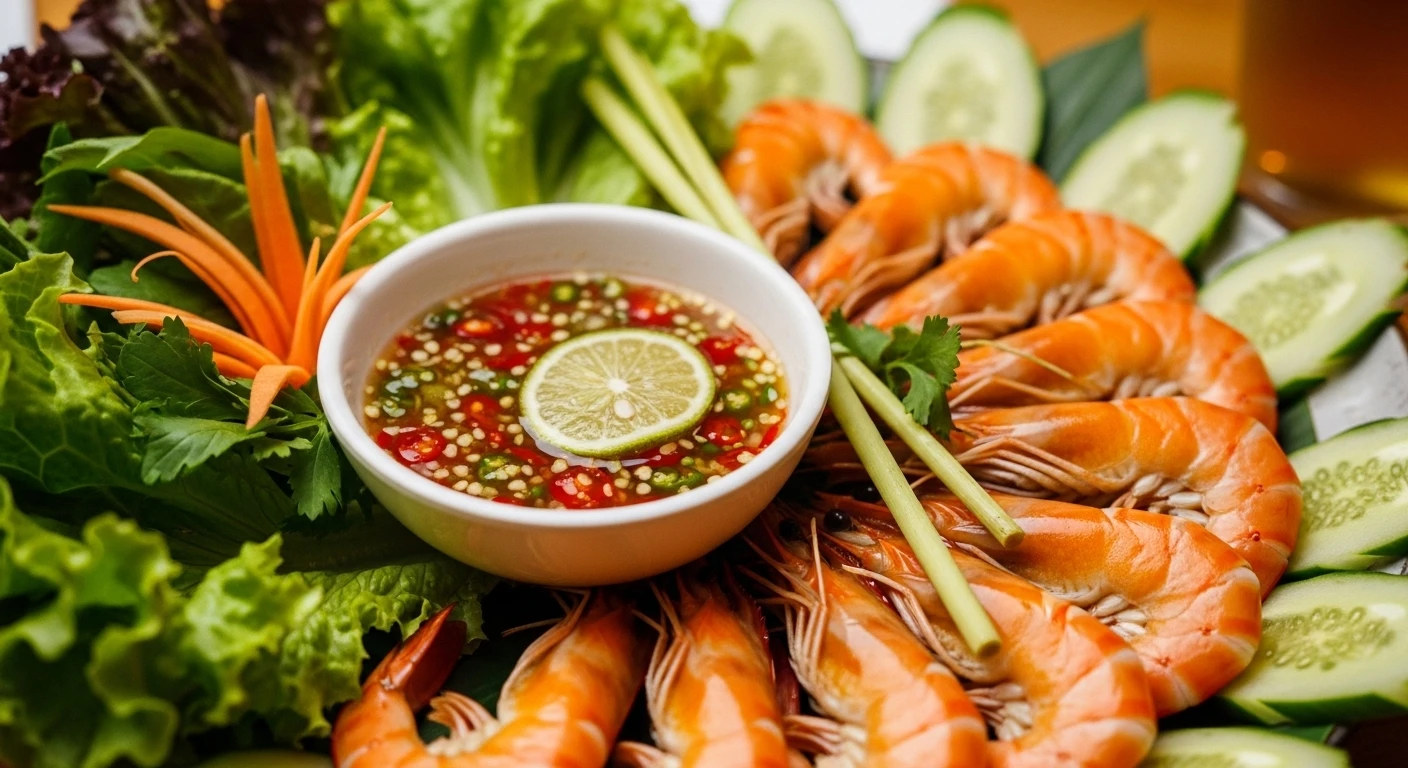 Đĩa tôm sú hấp bia sả thơm ngon với nước chấm
