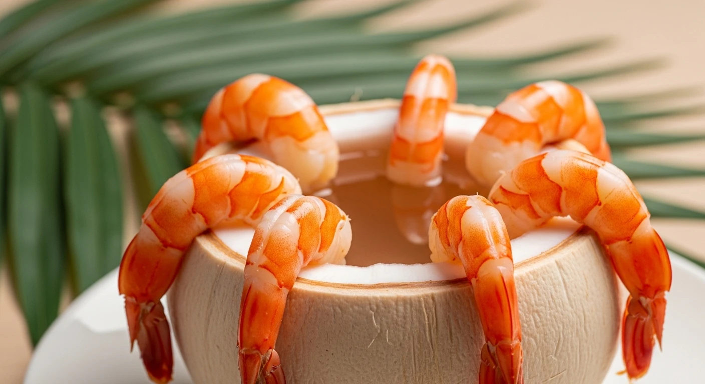 Tôm sú Cà Mau hấp trái dừa tươi bày biện đẹp mắt