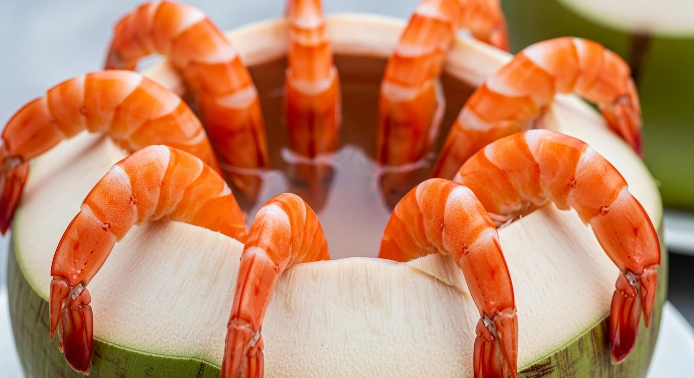 Cận cảnh trái dừa xiêm tươi rói bên cạnh những chú tôm sú đỏ au