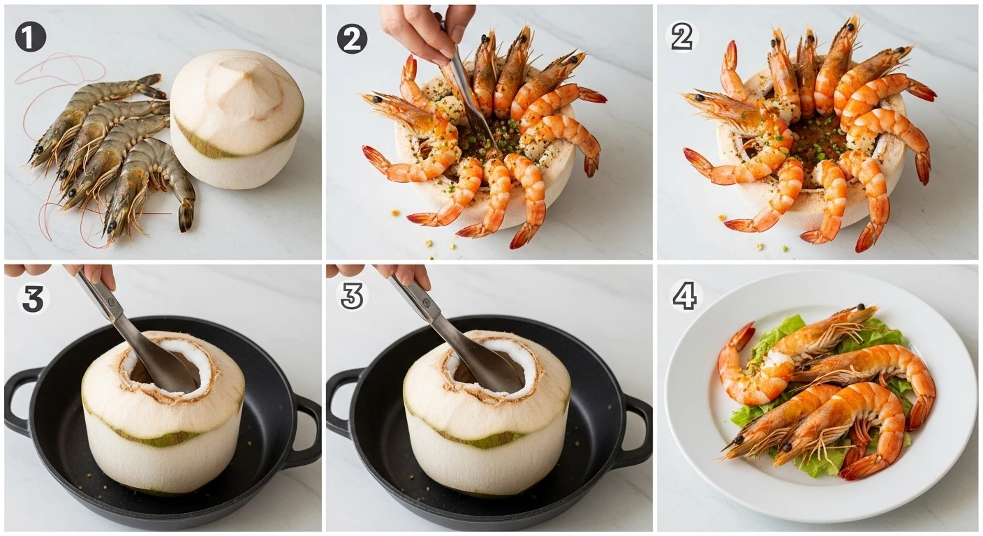 Các bước làm tôm sú hấp trái dừa đơn giản tại nhà