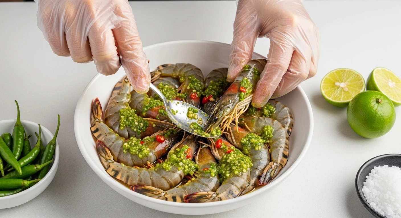 Ướp tôm sú với sốt muối ớt xanh