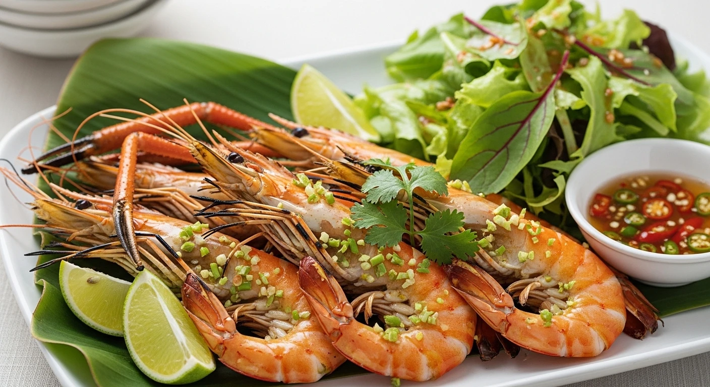 Tôm sú nướng muối ớt xanh ăn kèm rau sống