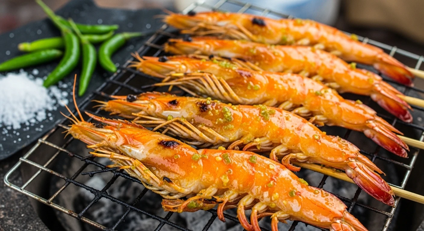 Tôm Sú Cà Mau nướng muối ớt xanh xiên que