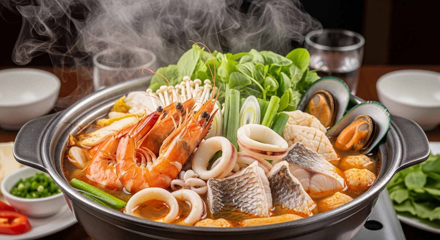 Lẩu tôm sú hải sản với các loại rau tươi ngon