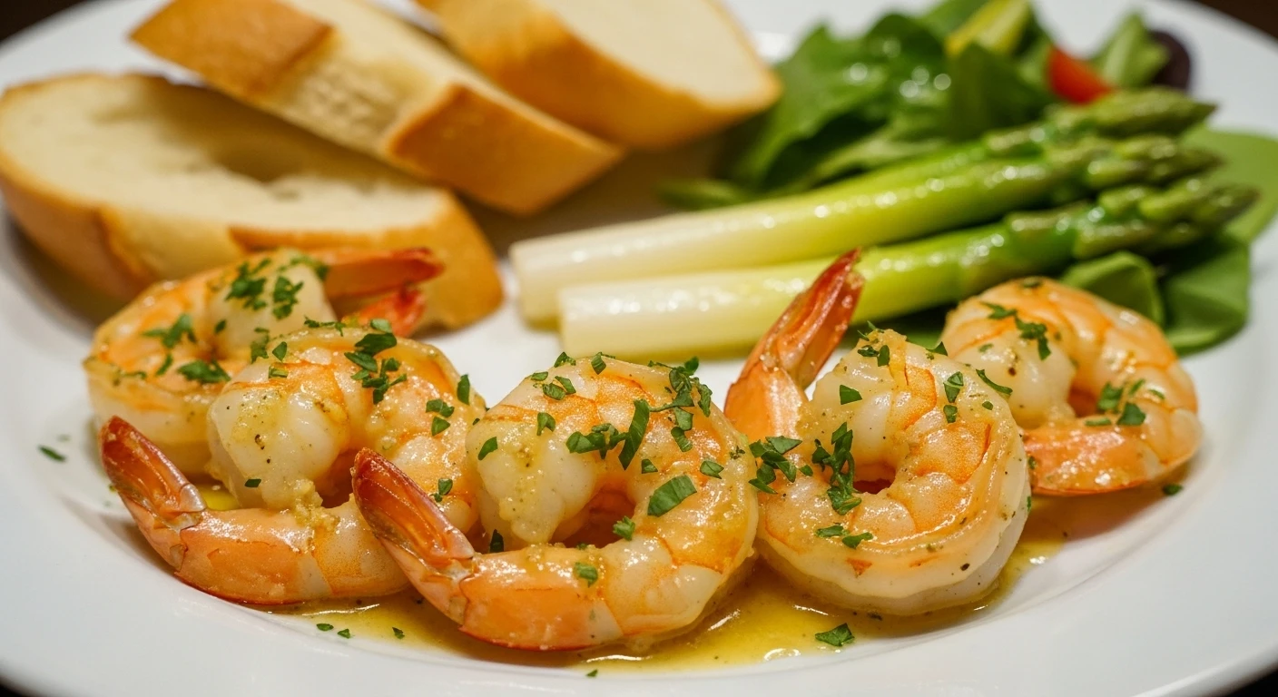 Tôm sú sốt bơ tỏi ăn kèm bánh mì và rau xanh