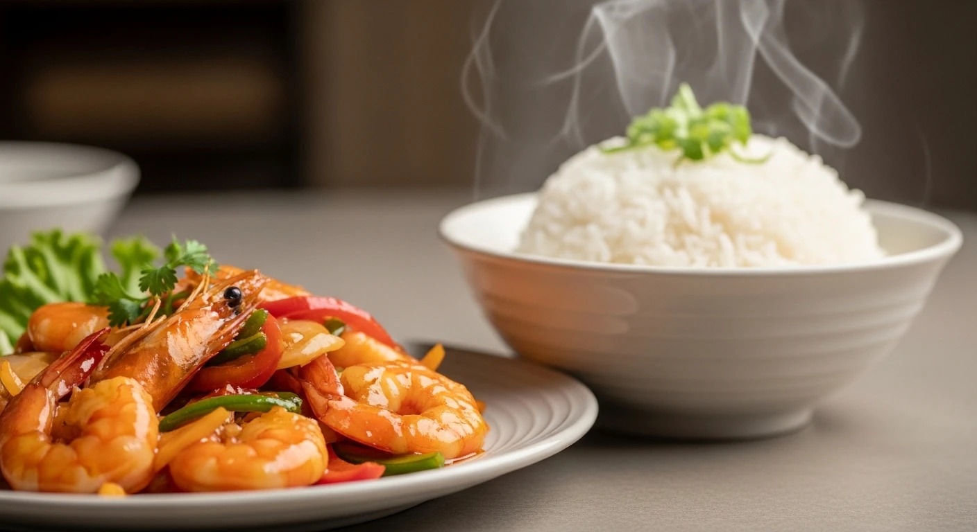 Tôm sú xào chua ngọt ăn kèm cơm nóng