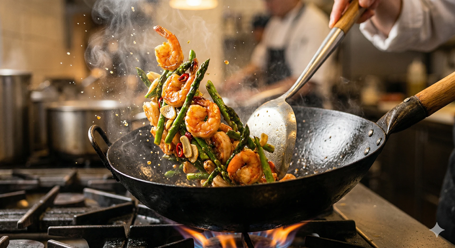 Công đoạn xào tôm và măng tây trên lửa lớn