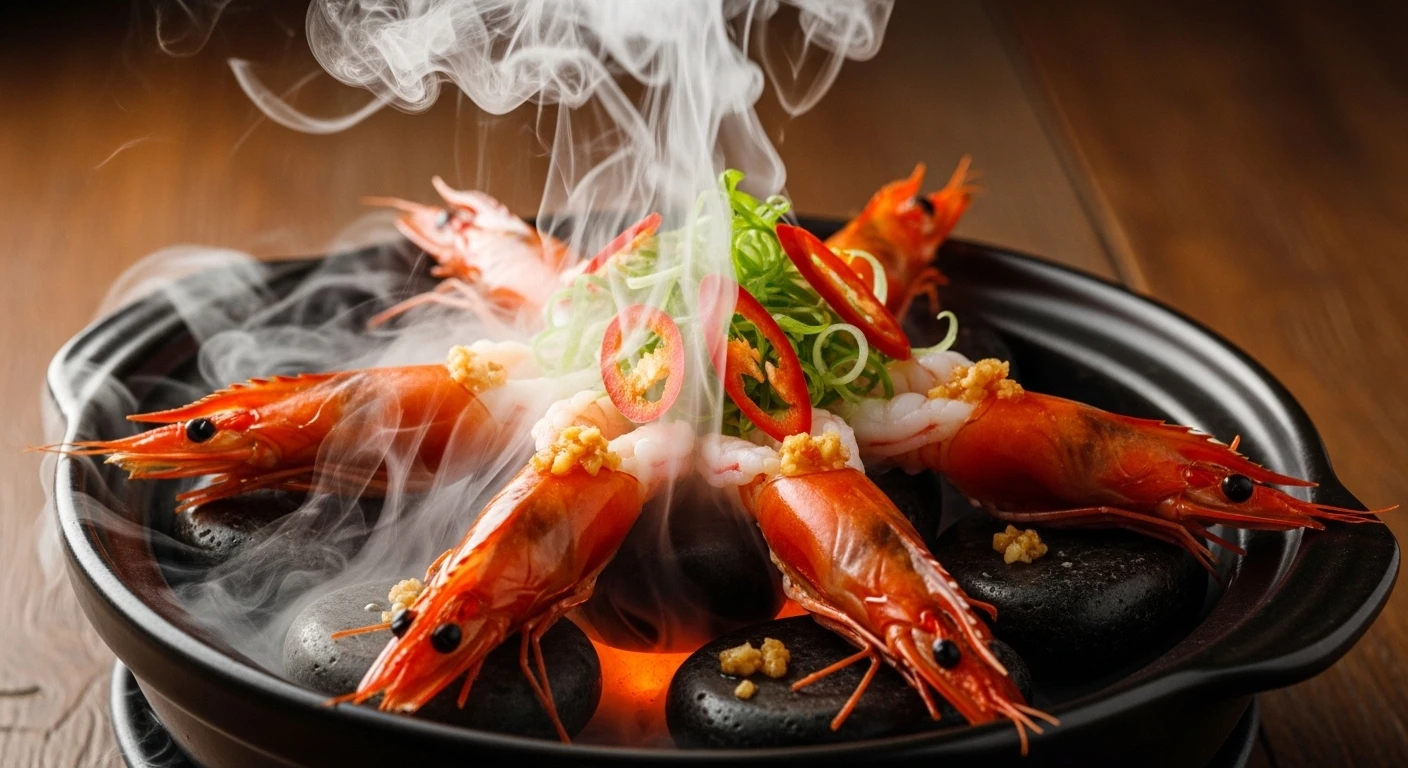 Tôm Xông Hơi Đá Cuội Phun Rượu Trắng hấp dẫn