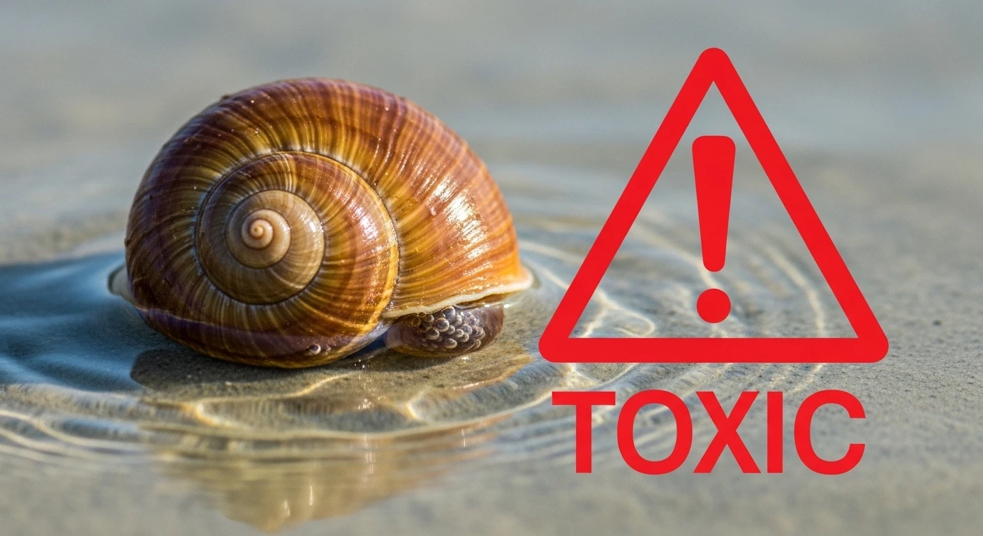 Close-up of a sea snail with a warning graphic overlay