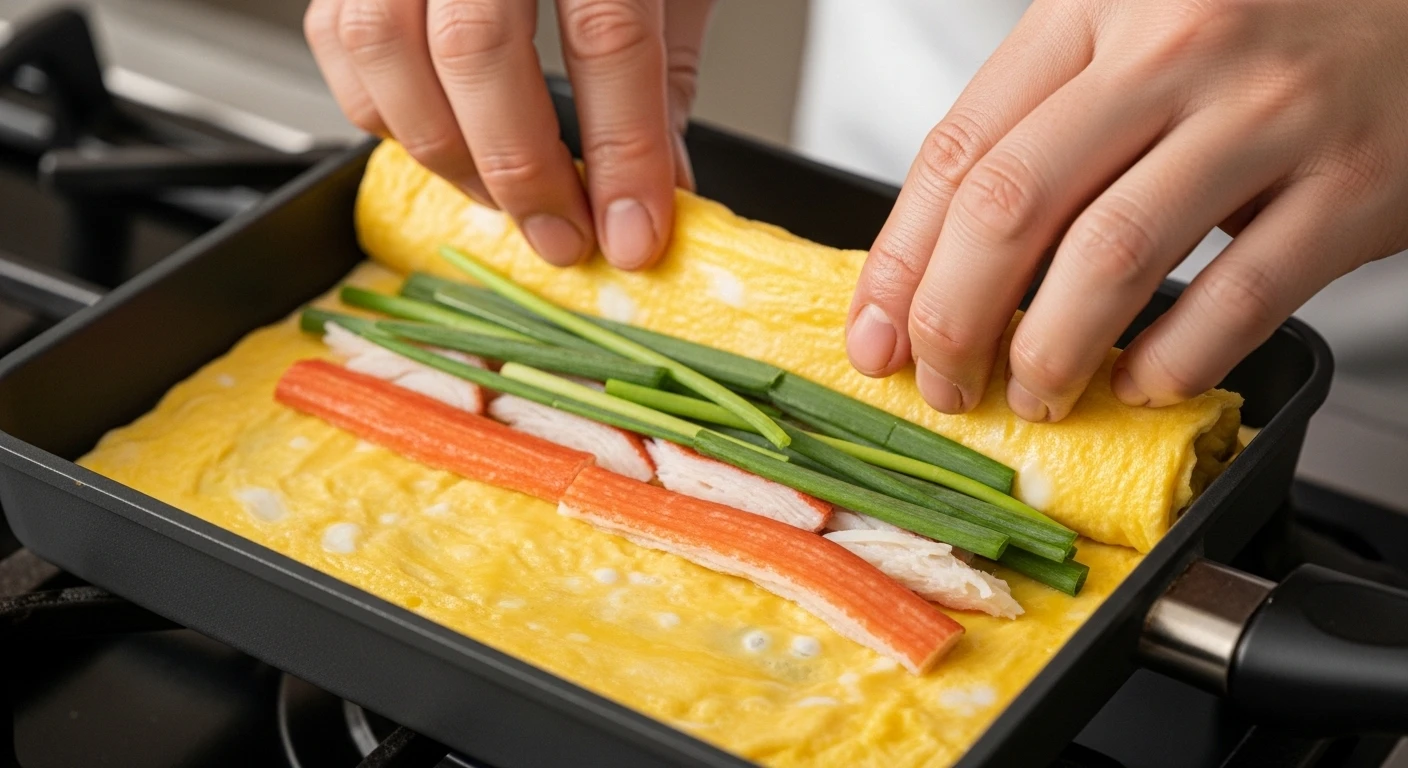 Công đoạn làm Tamagoyaki cua với chảo vuông