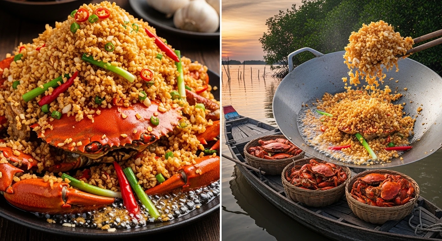 Typhoon Shelter Crab, a whole crab deep-fried and covered in crispy garlic and chili