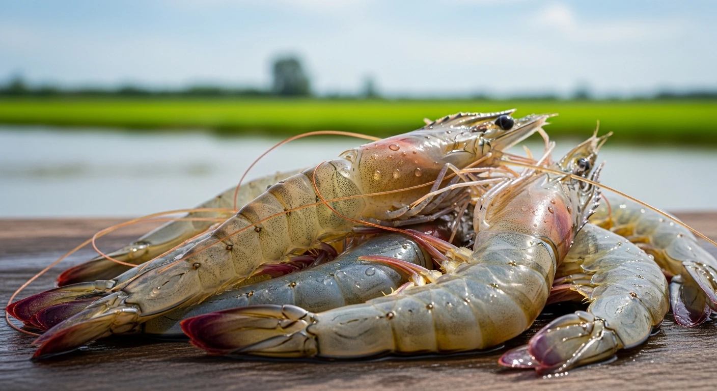 Vibrant whiteleg shrimp in a clean aquaculture pond, Mekong Delta
