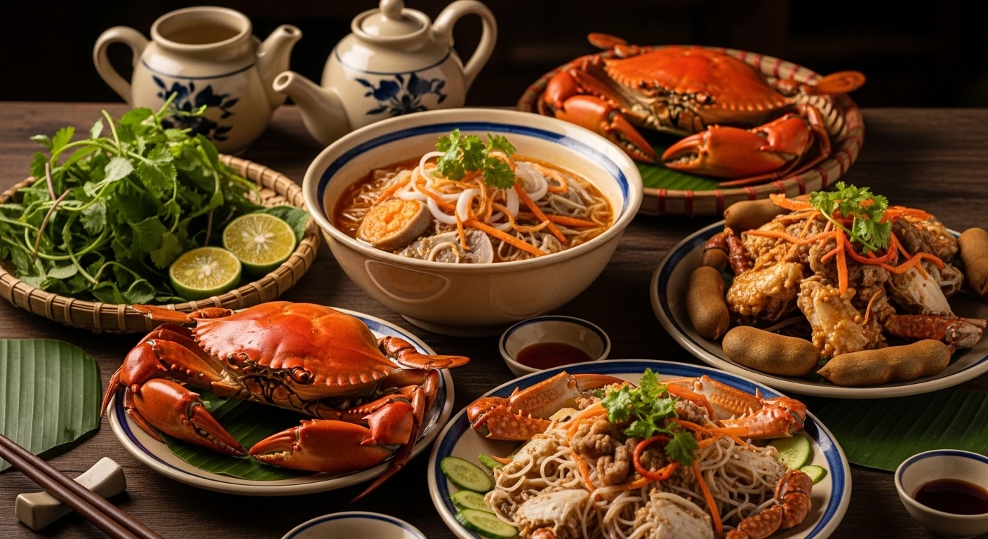 Vietnamese crab dishes on a table