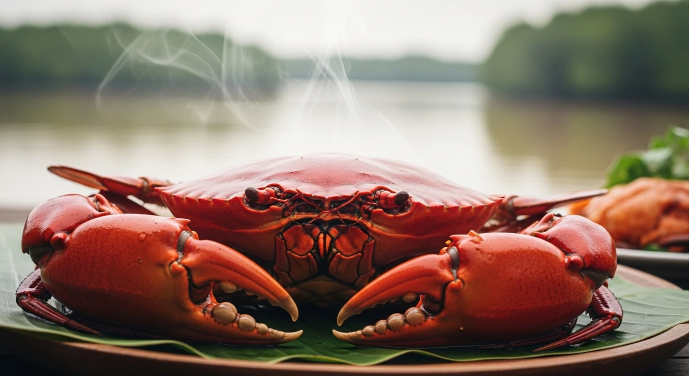 A close-up of a steaming Vietnamese crab, showcasing its vibrant red shell and juicy meat, set against a backdrop of the Mekong Delta.