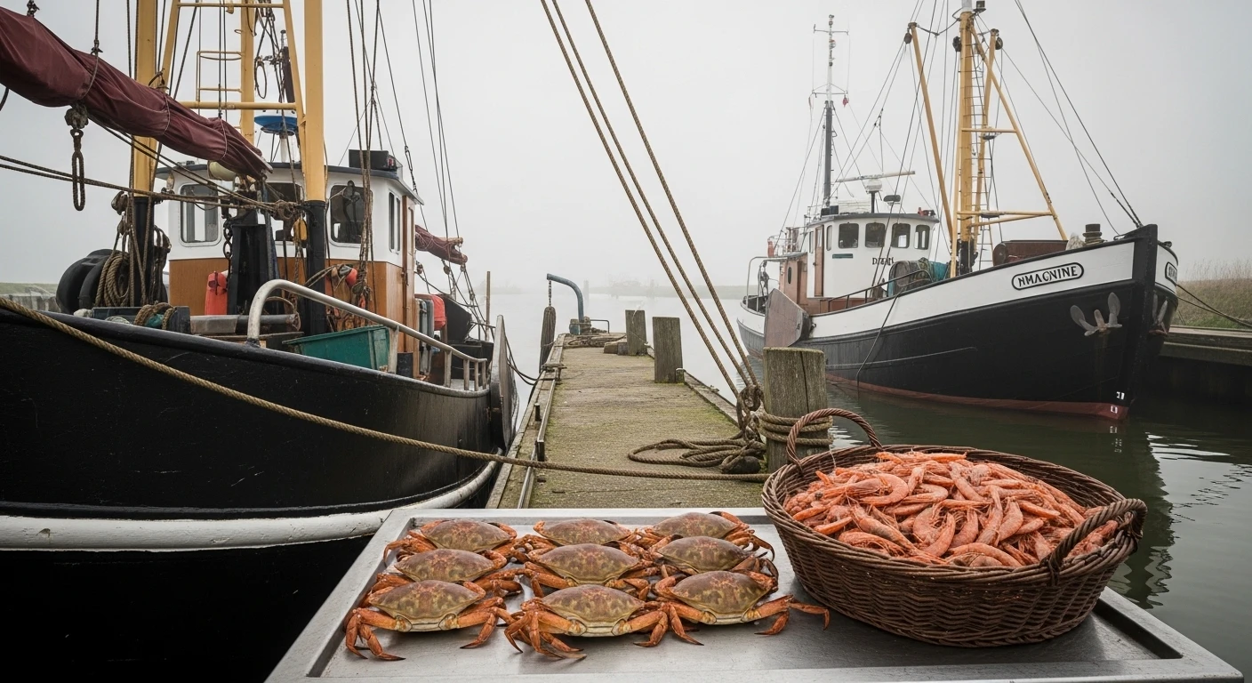 A Dutch fishing boat docked in a serene harbor, representing the pragmatic approach to seafood in the Netherlands.