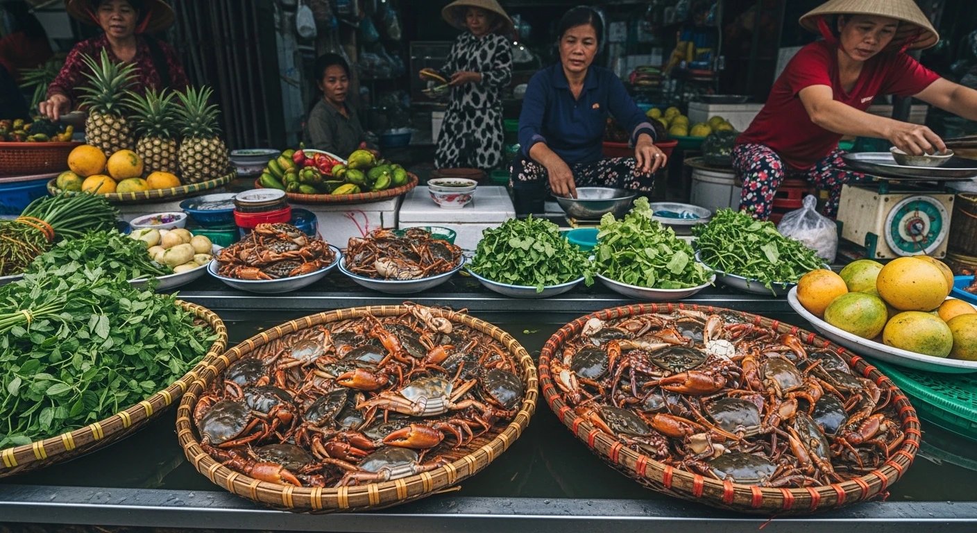 Bustling Mekong Delta river market with fresh seafood