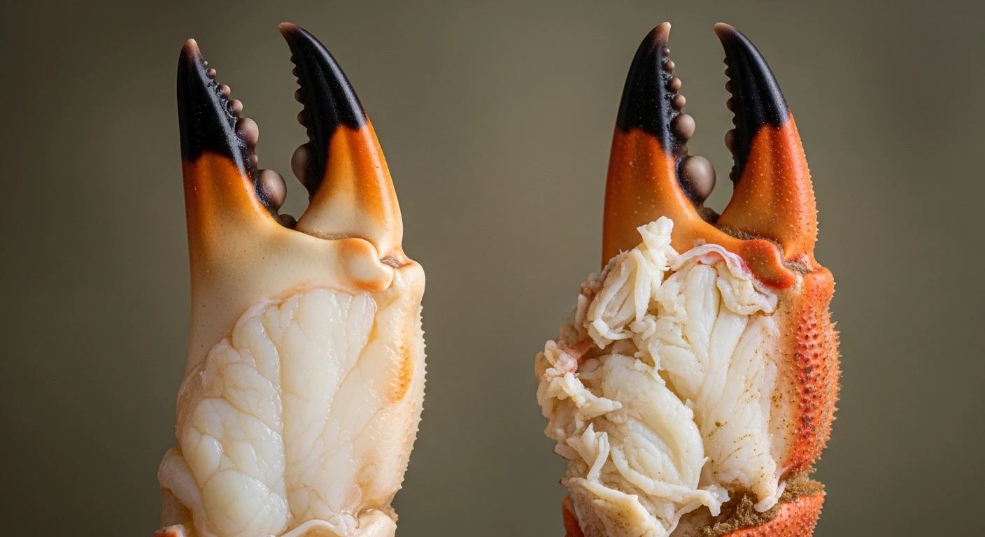 Close-up of a Vietnamese mud crab claw next to a British brown crab claw.