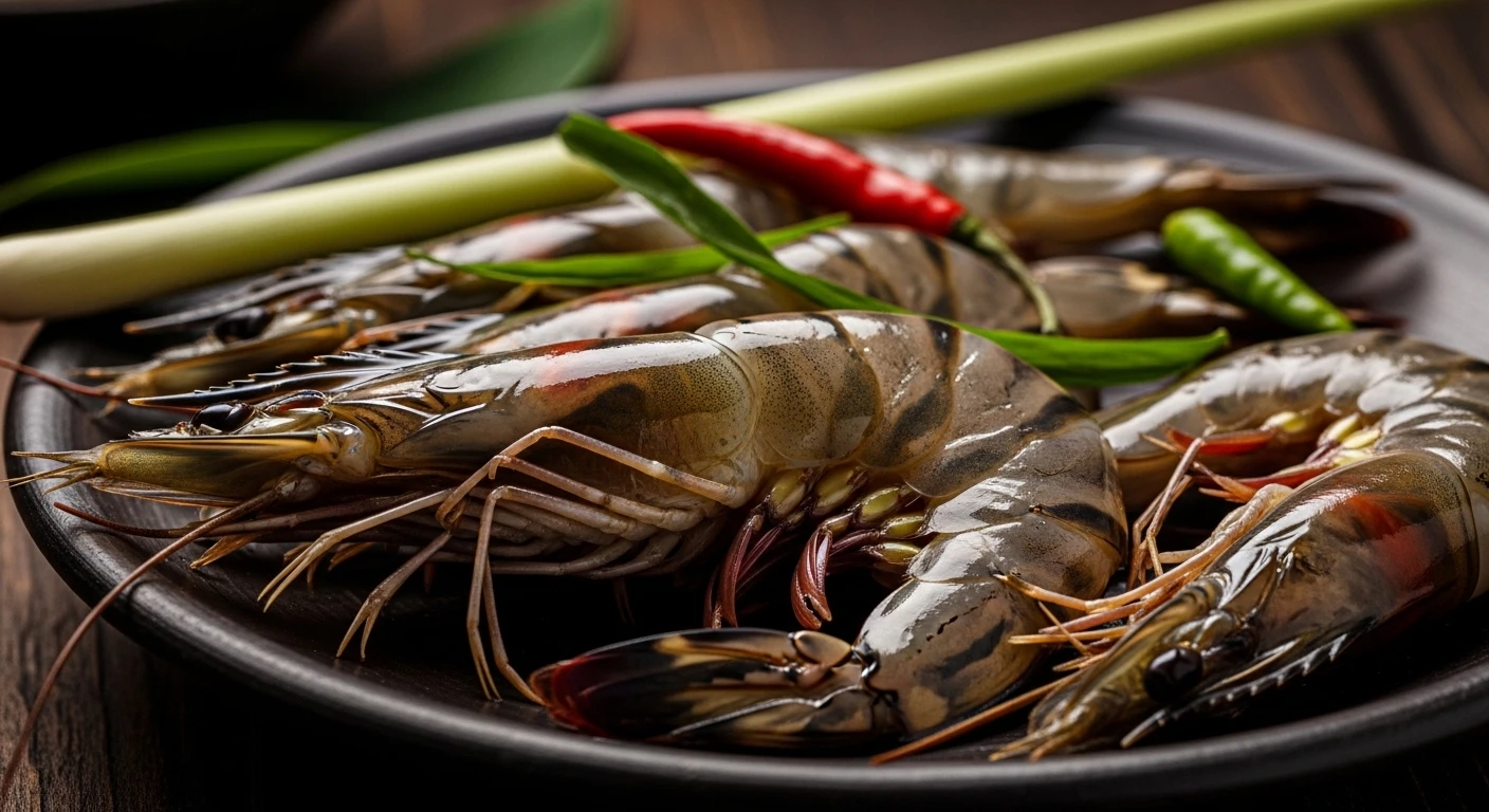 Close-up of Ca Mau black tiger shrimp on a traditional Vietnamese plate