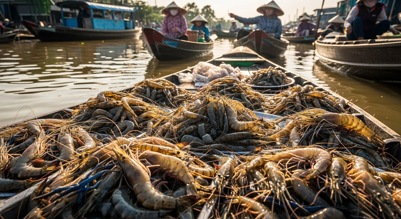 A colourful display of assorted Vietnamese shrimp and prawns at a local market