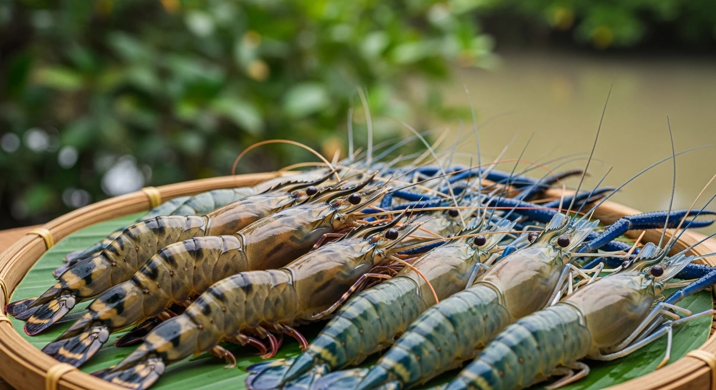Close-up of fresh Vietnamese shrimp on a bamboo tray
