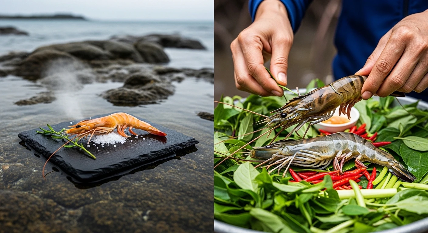 A split image showing Canadian lobster on one side and Vietnamese shrimp market on the other