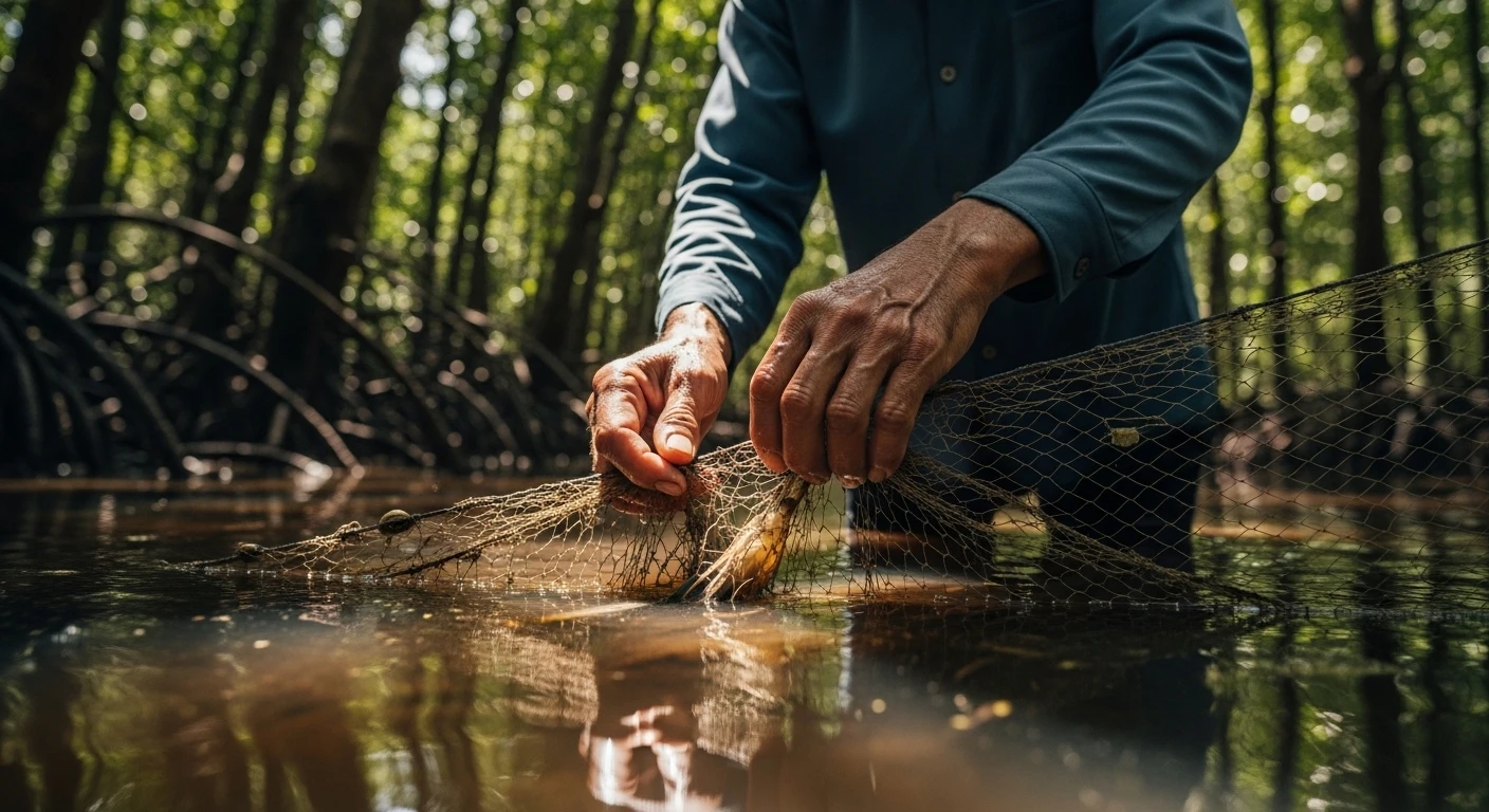 A fisherman tending to shrimp nets in a mangrove forest in the Mekong Delta