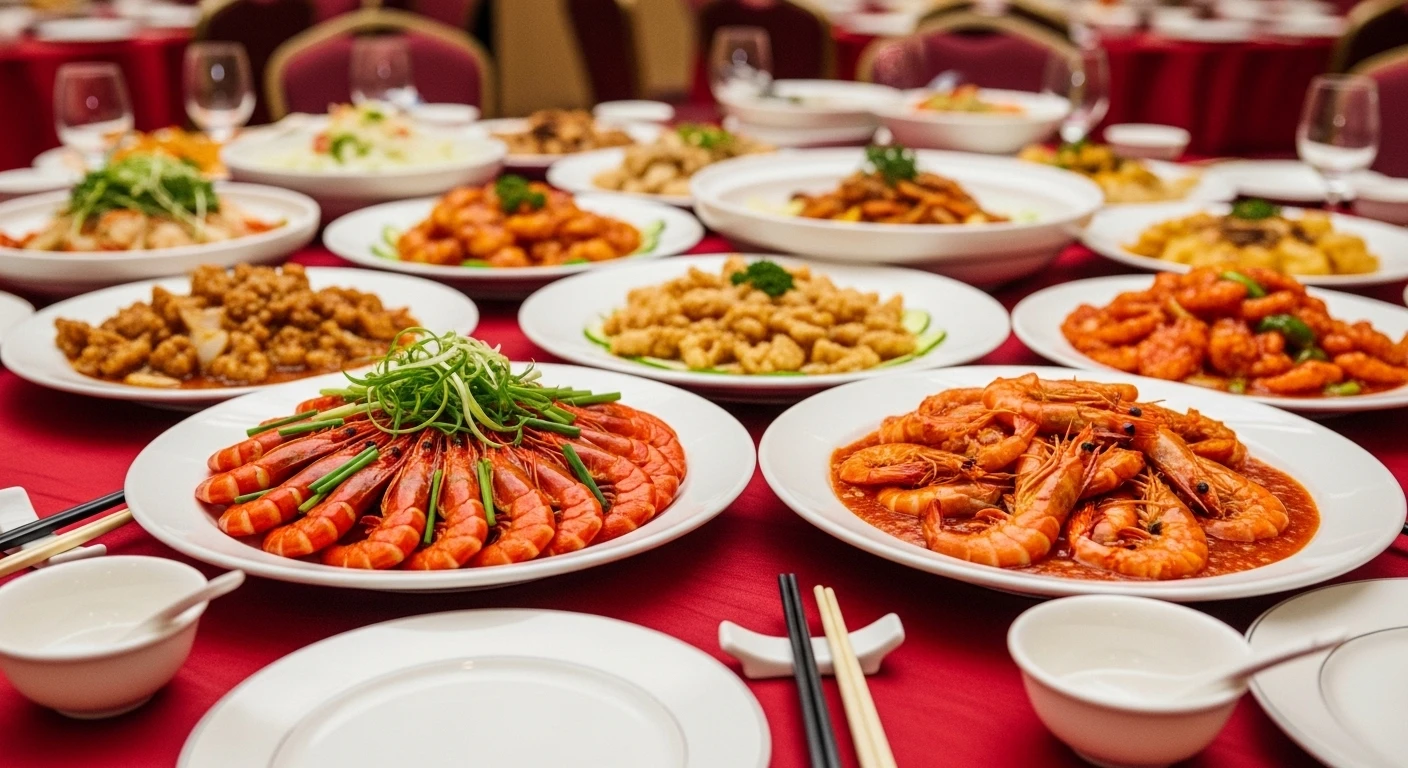 A lavish Chinese banquet spread with numerous dishes, including several shrimp preparations