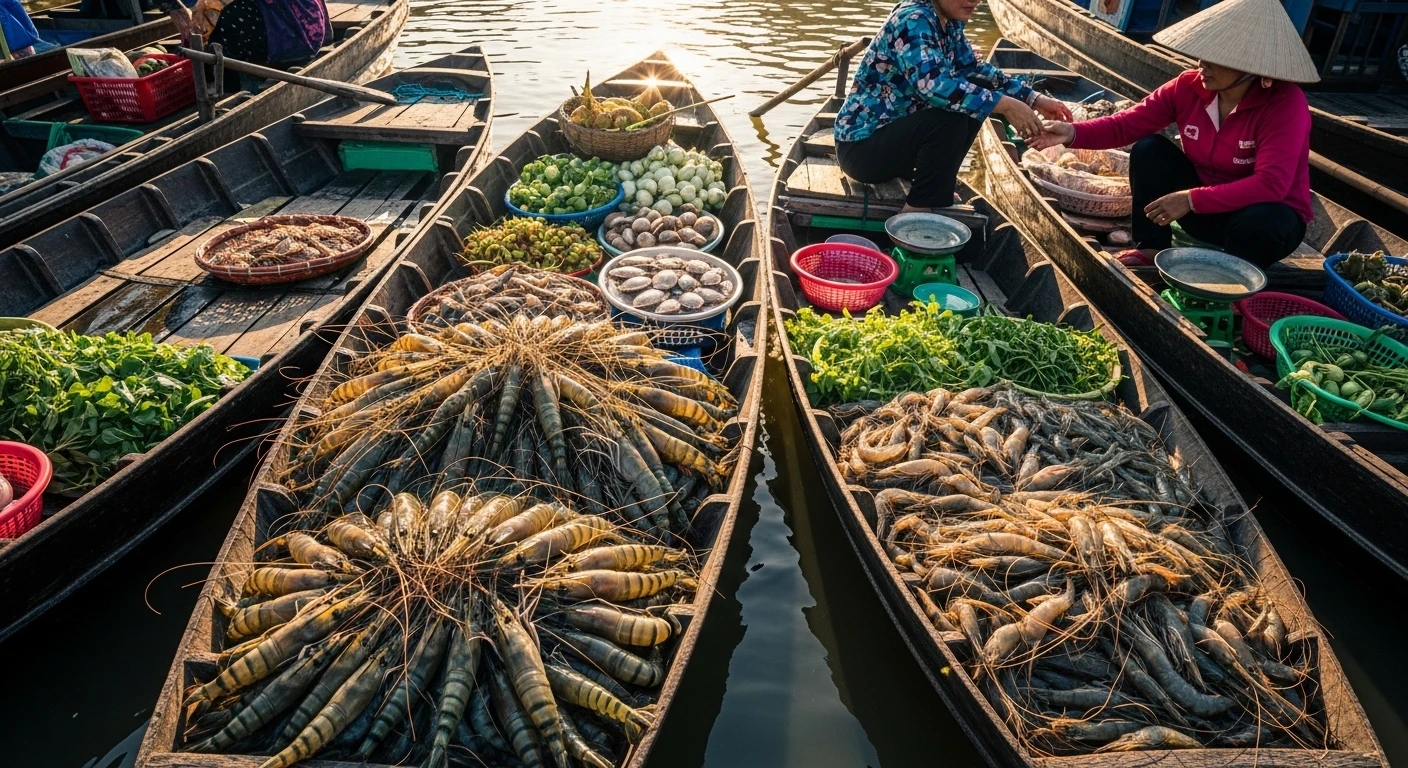 A vibrant Vietnamese Mekong Delta floating market with boats laden with fresh seafood, including large prawns