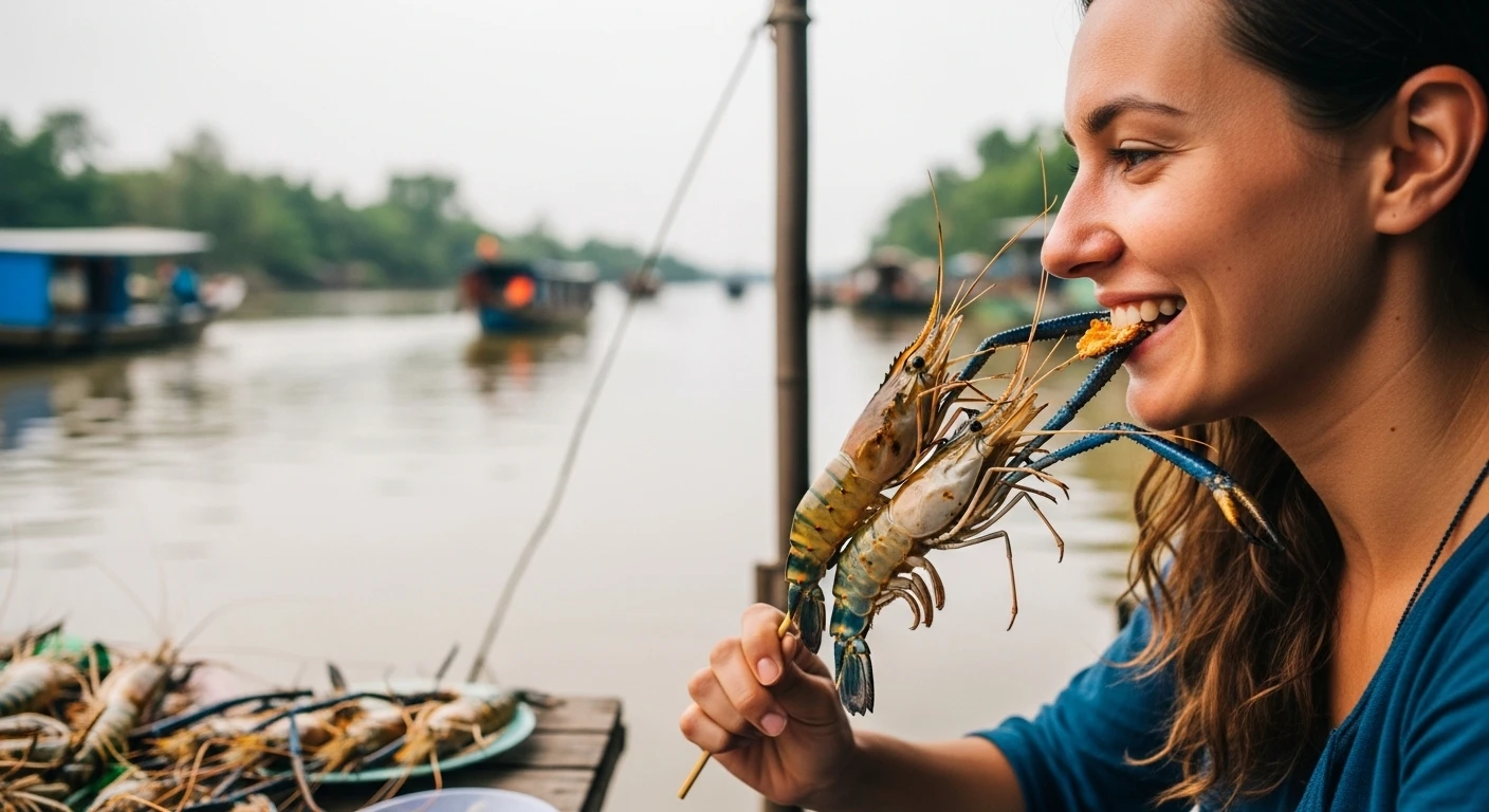 Traveler enjoying shrimp by the Mekong River