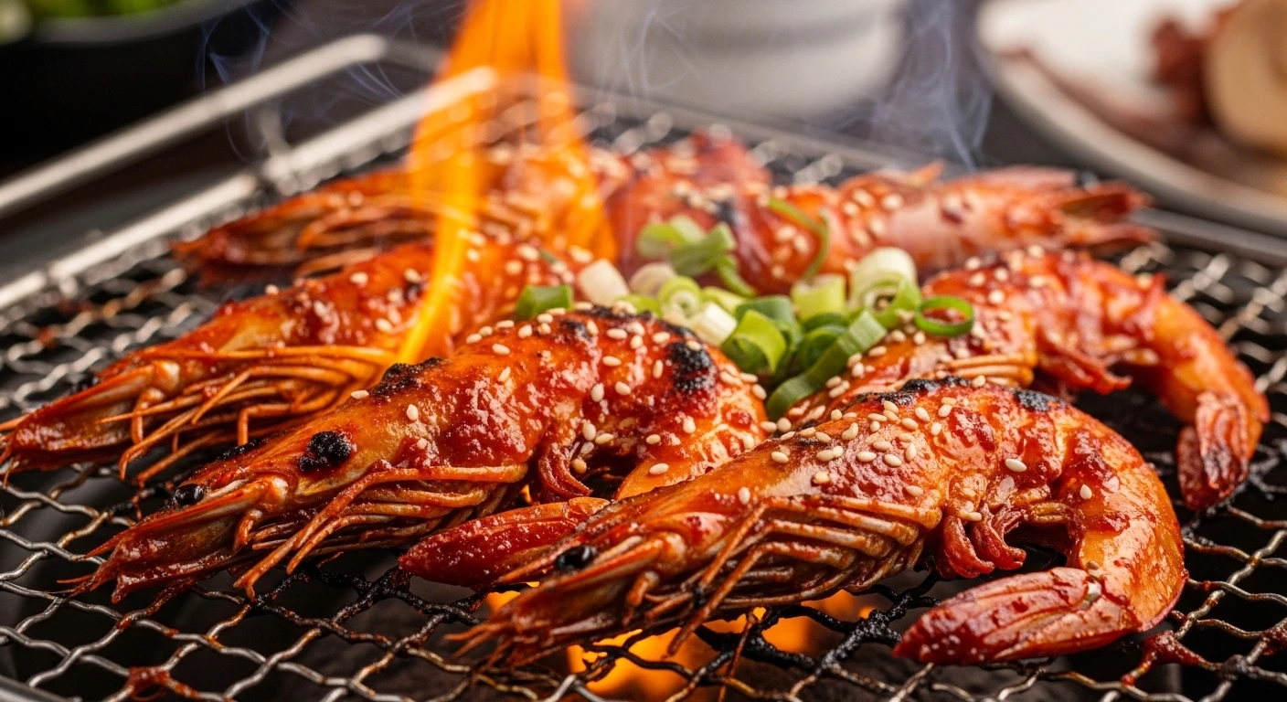Korean BBQ style grilled shrimp with vibrant red marinade