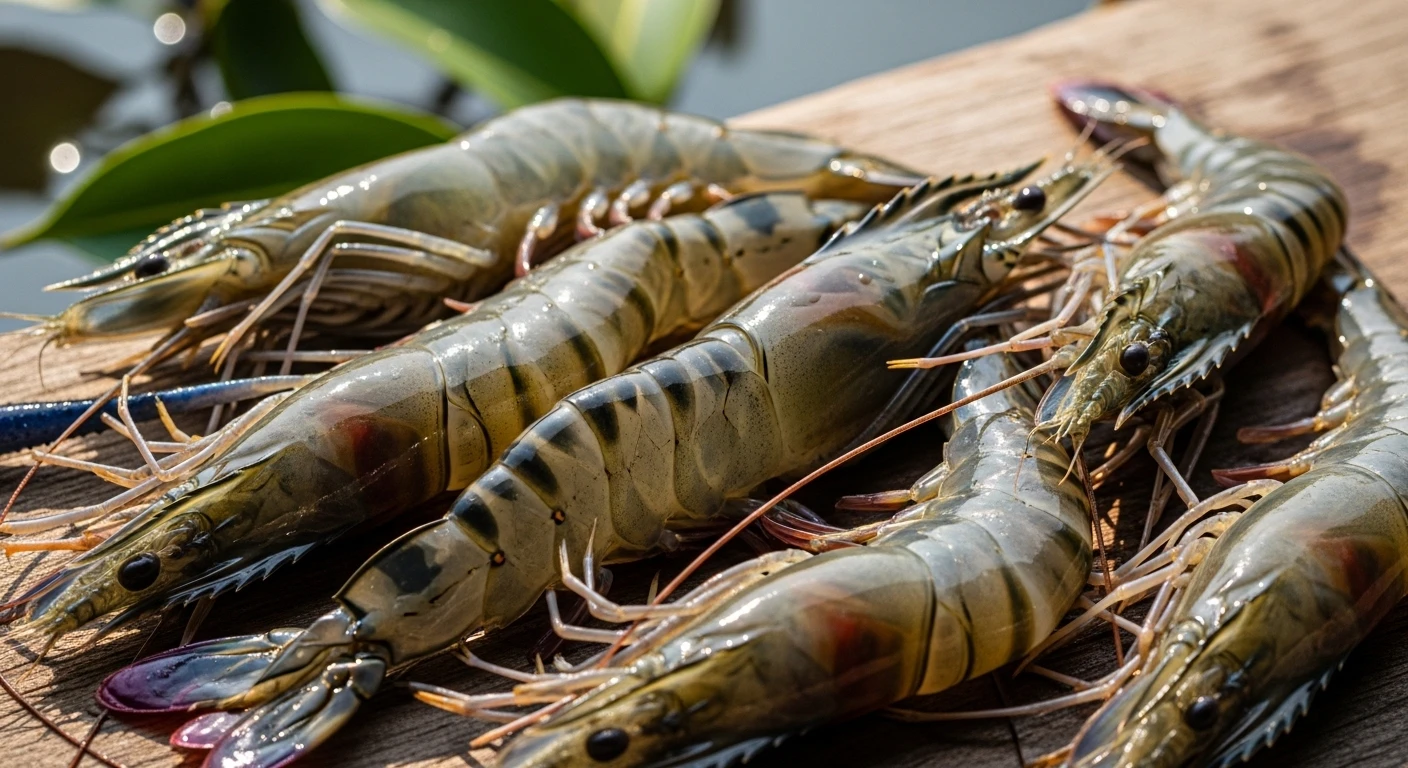 Ca Mau black tiger shrimp fresh from the water in the Mekong Delta