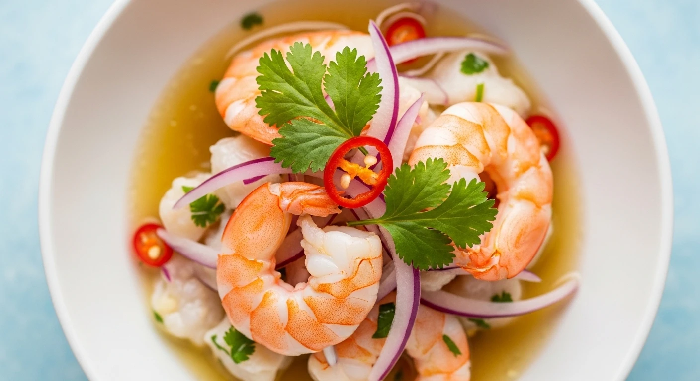 A vibrant plate of Peruvian ceviche with shrimp