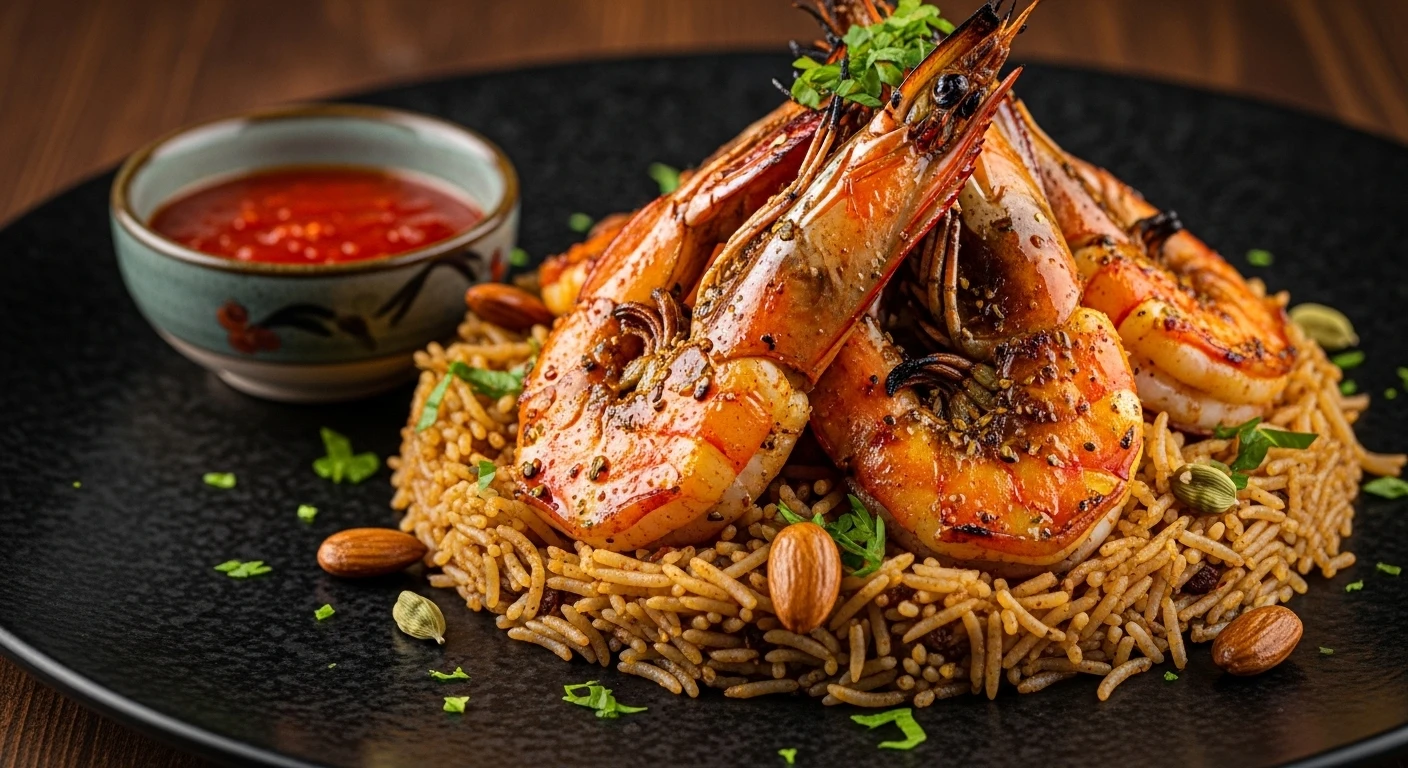 A Saudi Arabian dish featuring large grilled shrimp with aromatic rice.