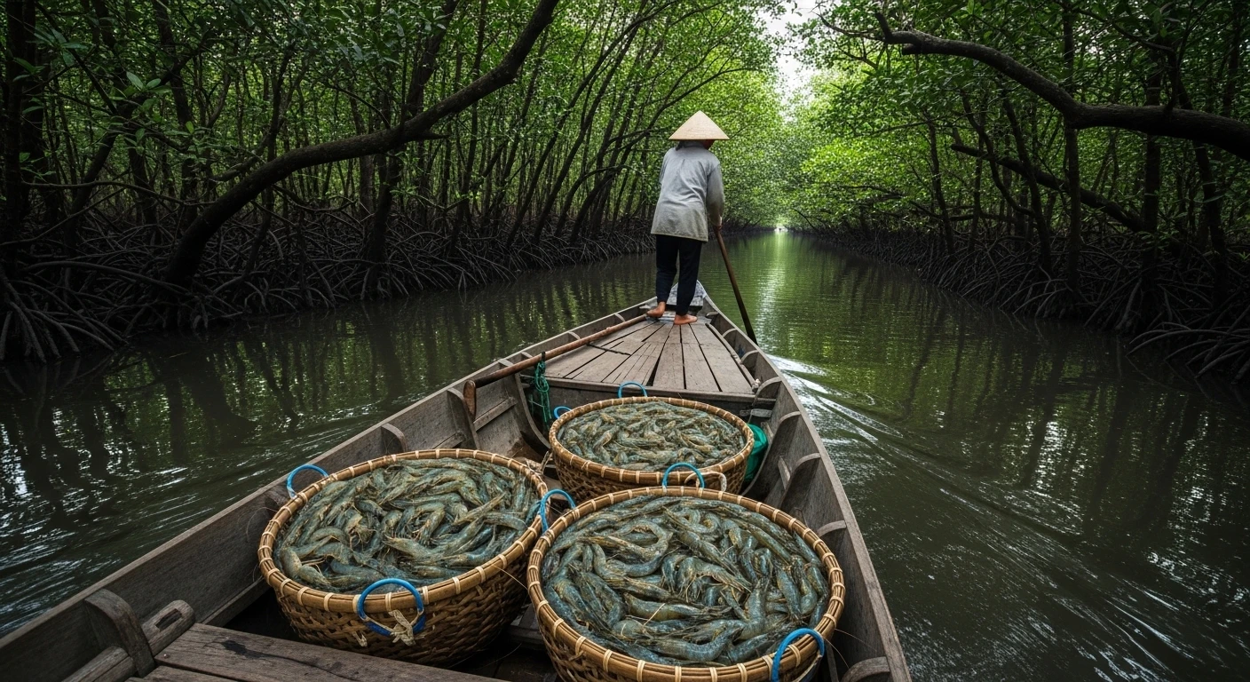 A local boat laden with fresh shrimp in a Mekong Delta canal.