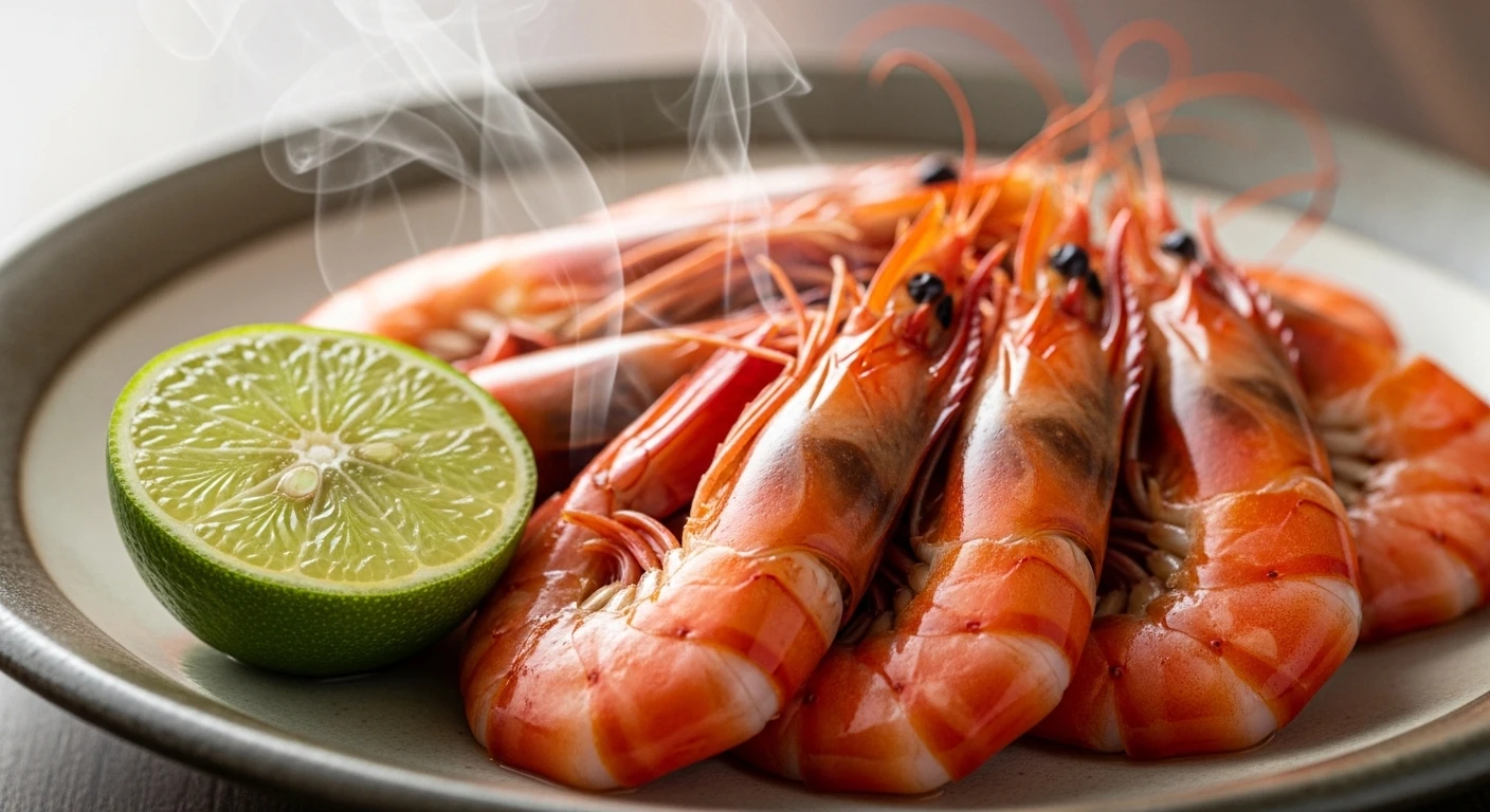 A close-up of perfectly steamed Ca Mau Black Tiger shrimp with a lime wedge.